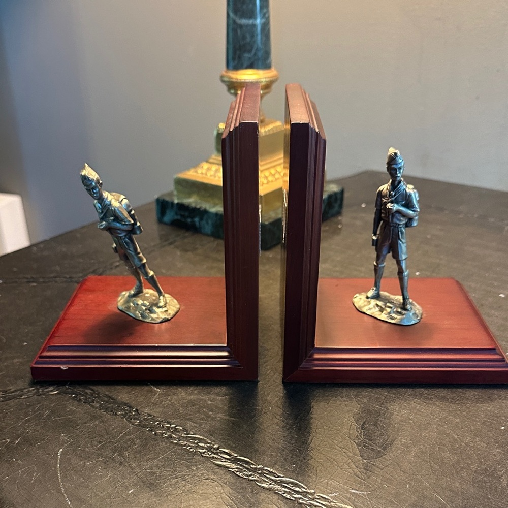 Vintage Boy Scout Bookends on Mahogany